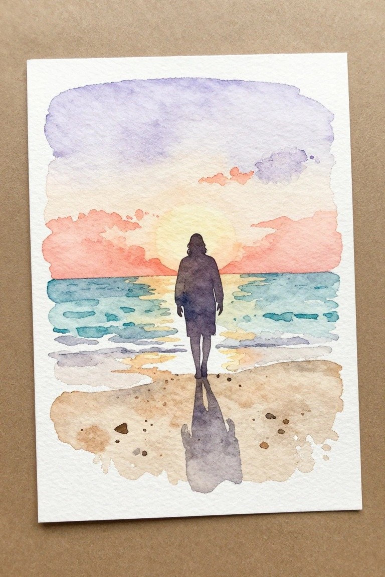 Watercolor of silhouetted figure walking toward sunset over ocean, reflection on wet sand.