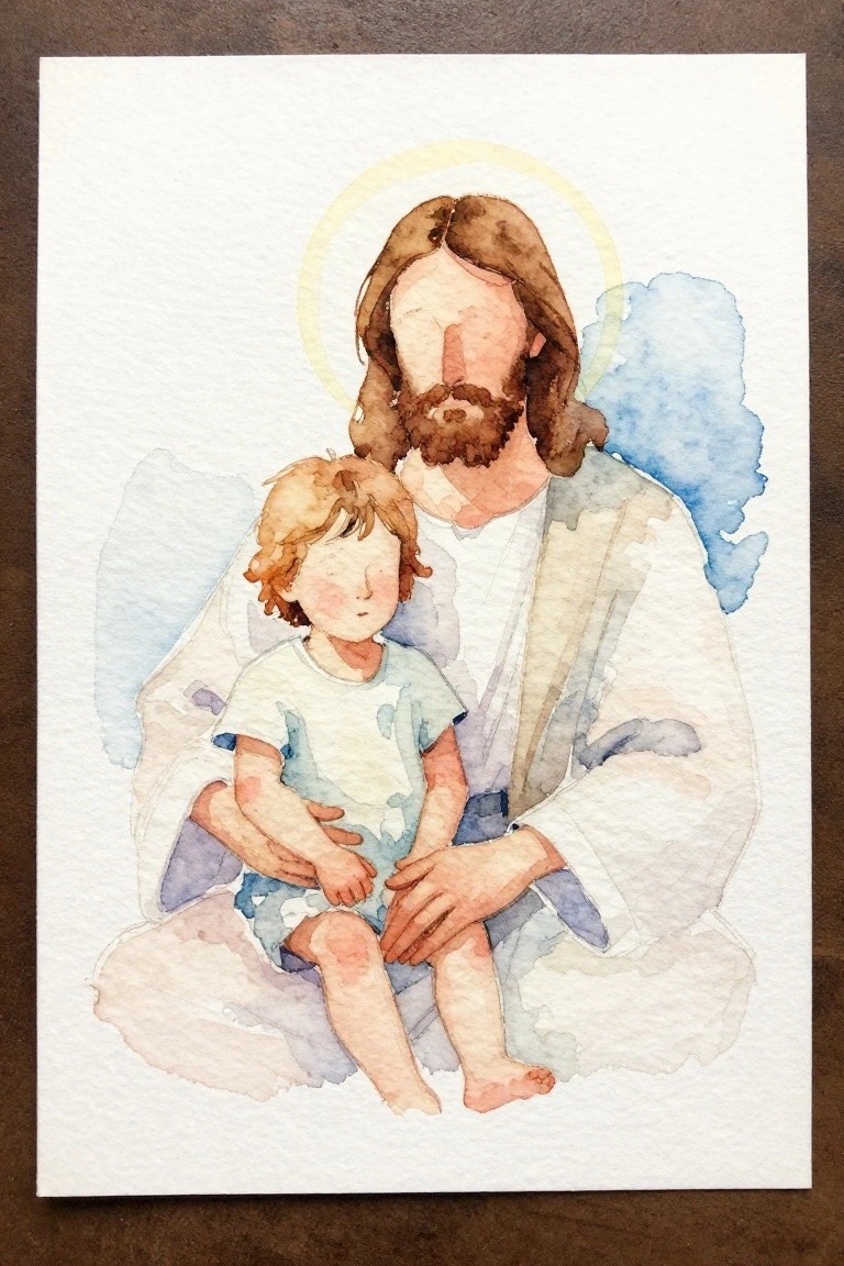 Watercolor of Jesus with halo holding curly-haired child in blue outfit on lap