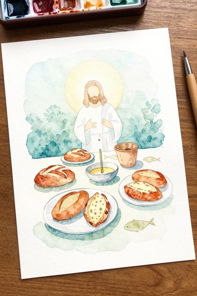 Watercolor of Jesus in white robes with halo above table of bread, soup, and fish
