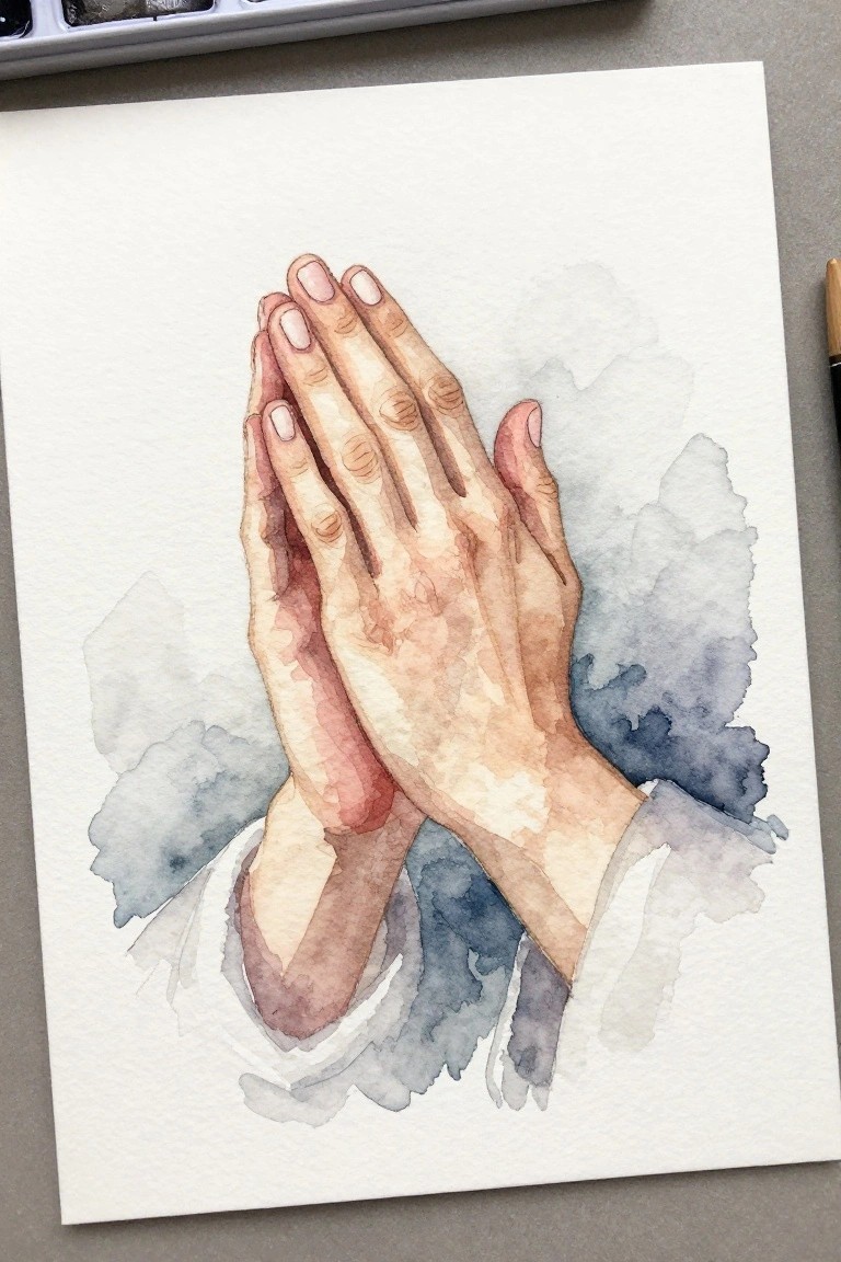 Watercolor of clasped hands with white sleeves against blue-gray abstract washes