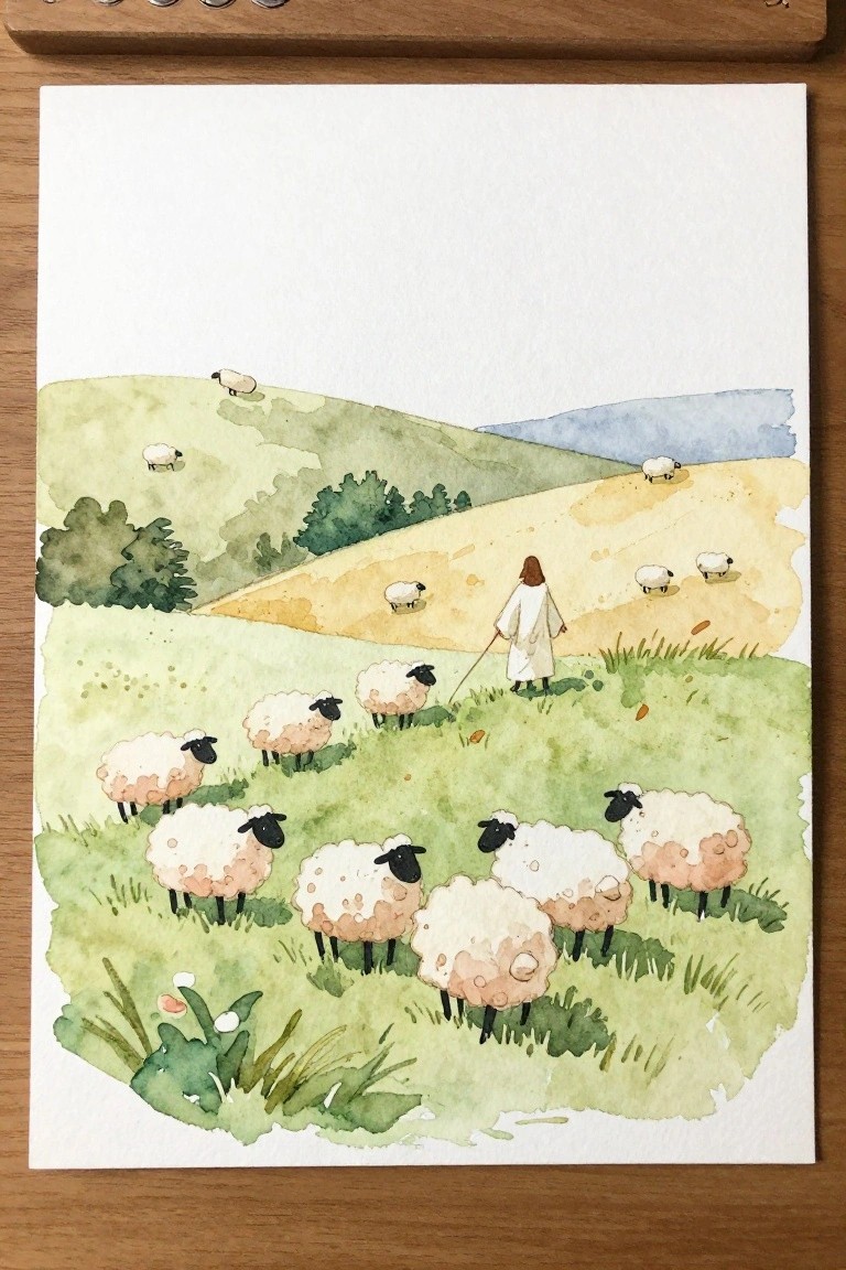 Watercolor of robed shepherd with staff amid sheep on rolling green hills.