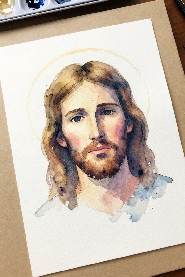 Watercolor portrait of Jesus with long brown hair, beard, halo on paper near palette