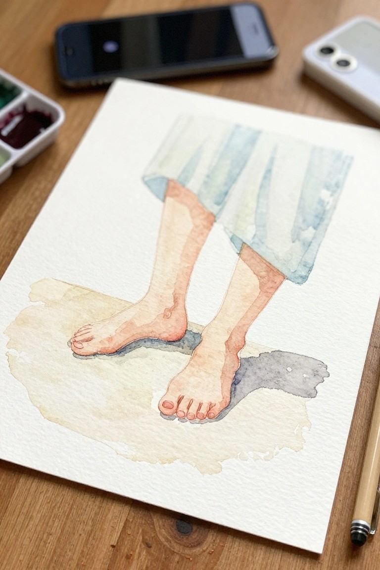 Watercolor painting of bare feet in puddle under wet blue striped garment on paper with supplies.