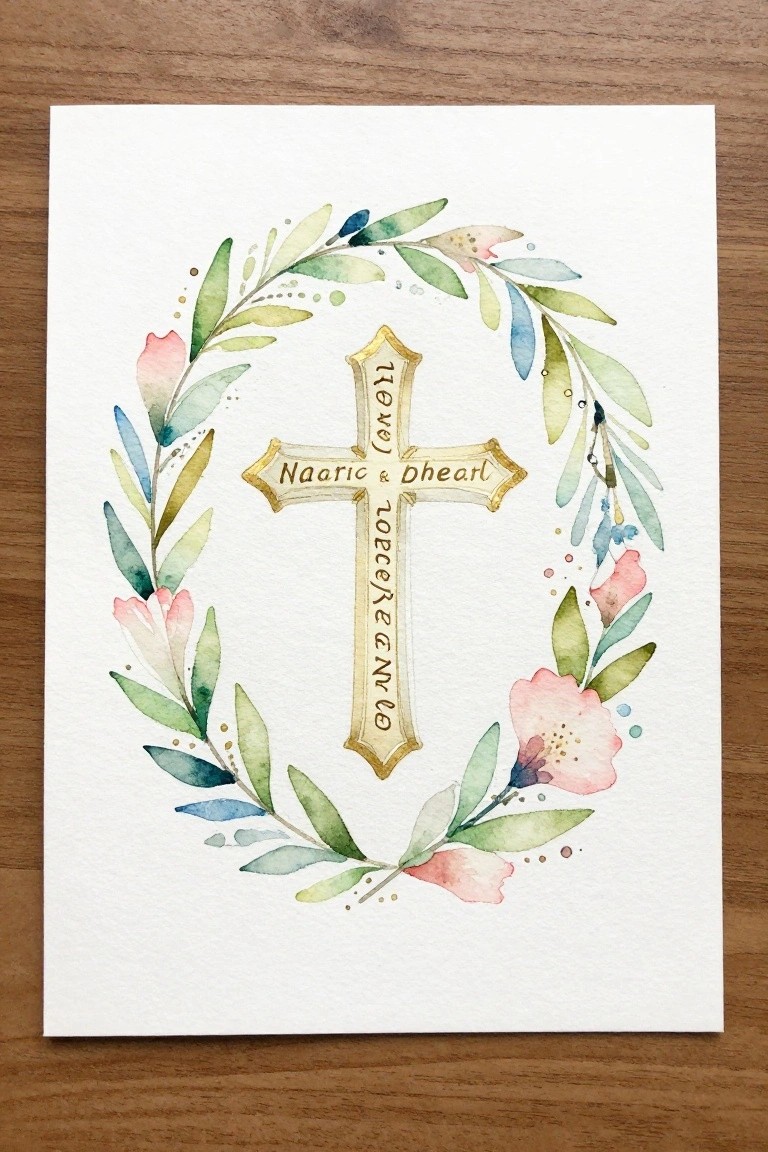 Watercolor wreath of green leaves and pink flowers around golden cross with text