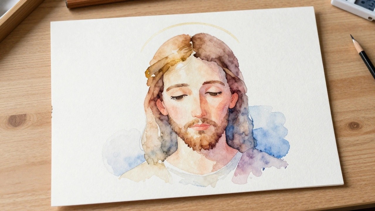 Watercolor portrait of Jesus with long hair, beard, golden halo, and white robe.