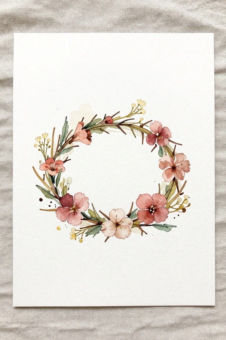 Watercolor wreath of pink flowers with green leaves on white paper
