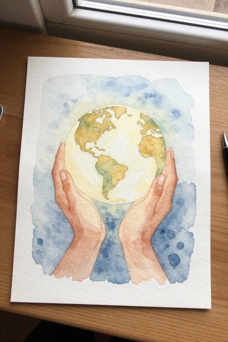 Watercolor painting of two hands holding a globe against blue background