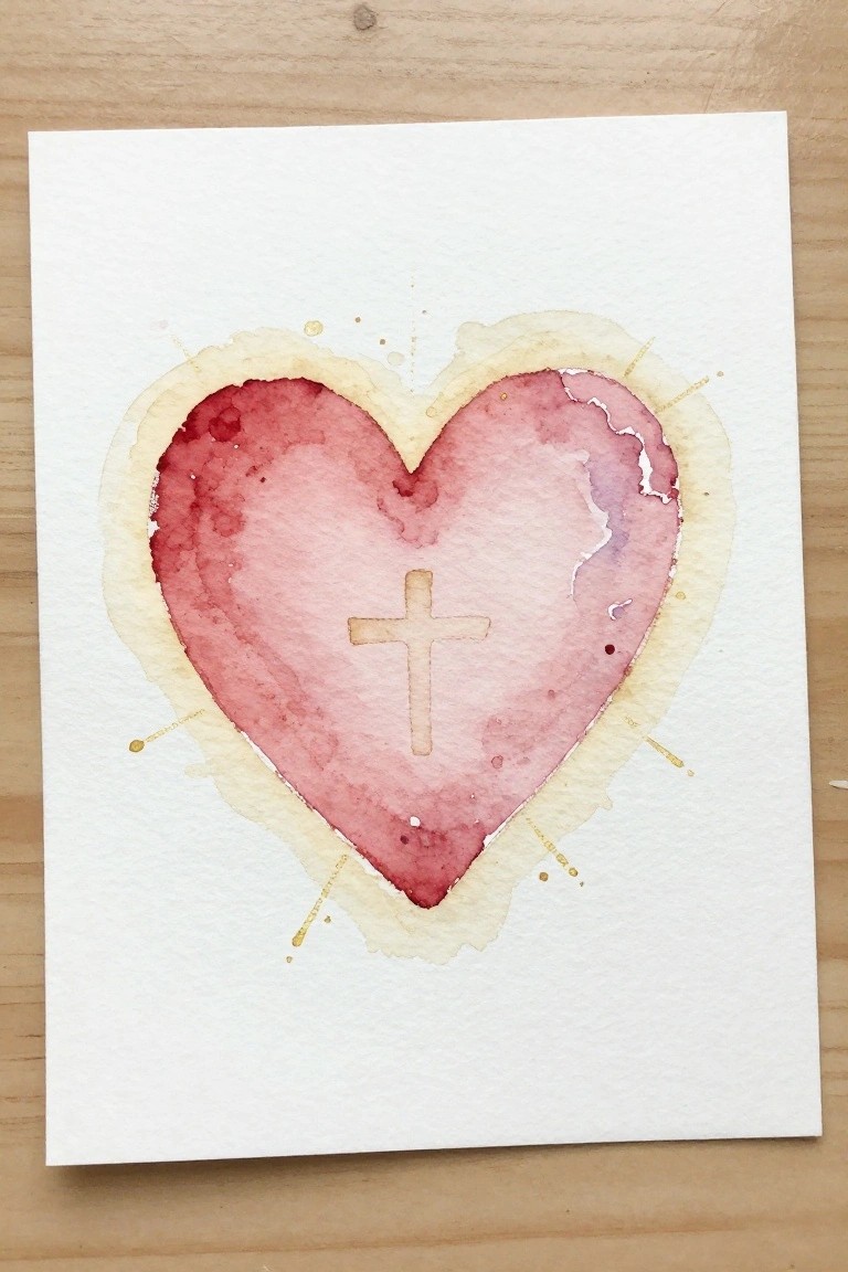 Watercolor red-pink heart with cross, yellow border, and gold splatters.