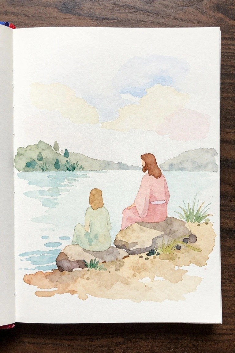 Watercolor of Jesus in pink robe and figure in green sitting by a lakeside.