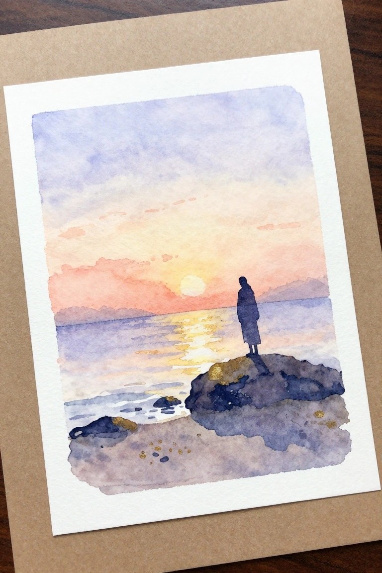 Silhouetted figure on dark rocks by the sea under a colorful watercolor sunset sky.