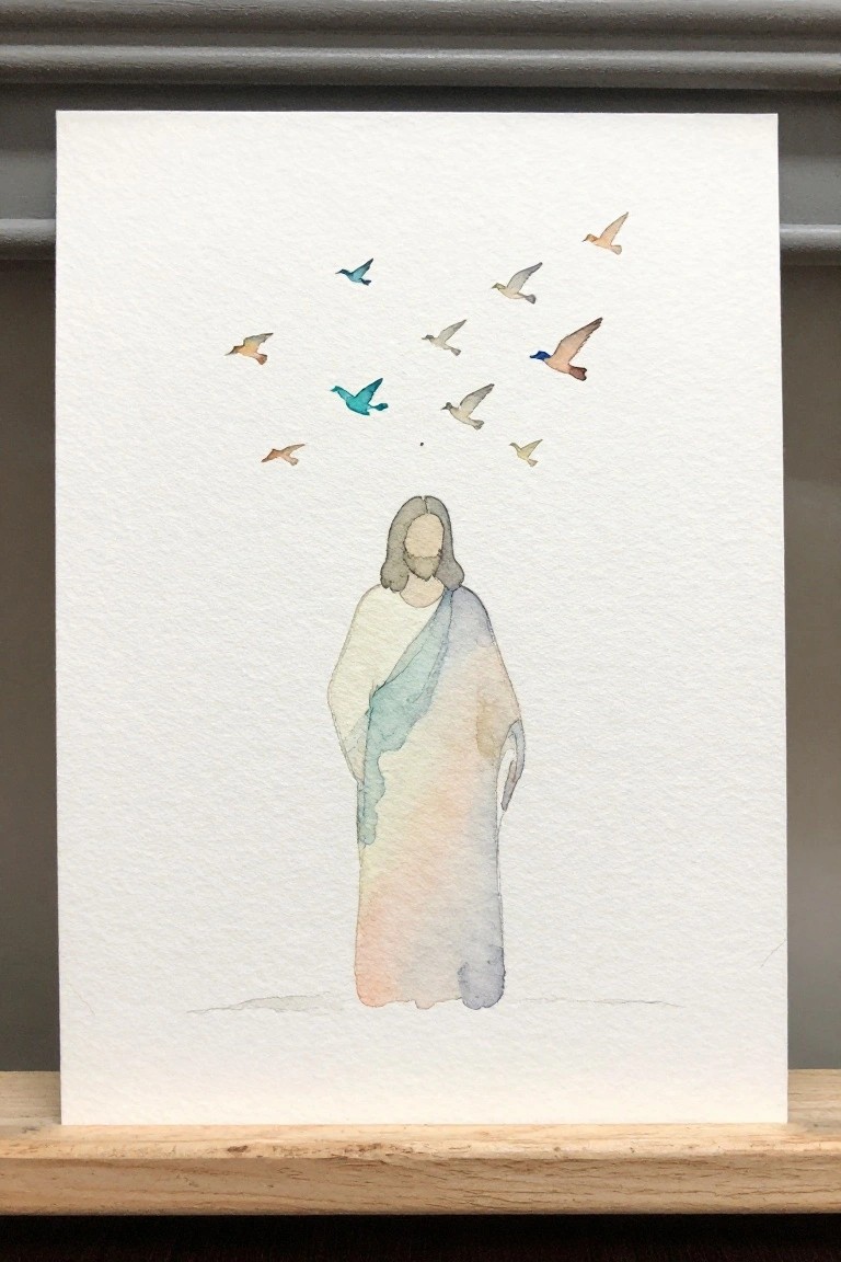Watercolor of robed Jesus with colorful birds flying above in soft pastels.