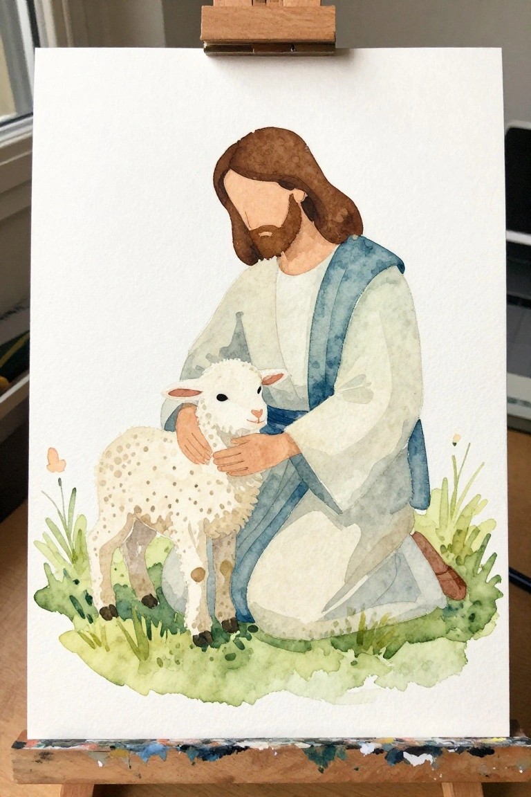 Watercolor of Jesus in blue-white robes kneeling with spotted lamb on grass