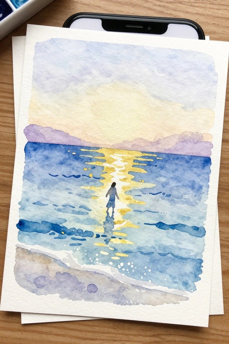 Watercolor of person in blue walking into sea toward golden horizon reflections at sunset