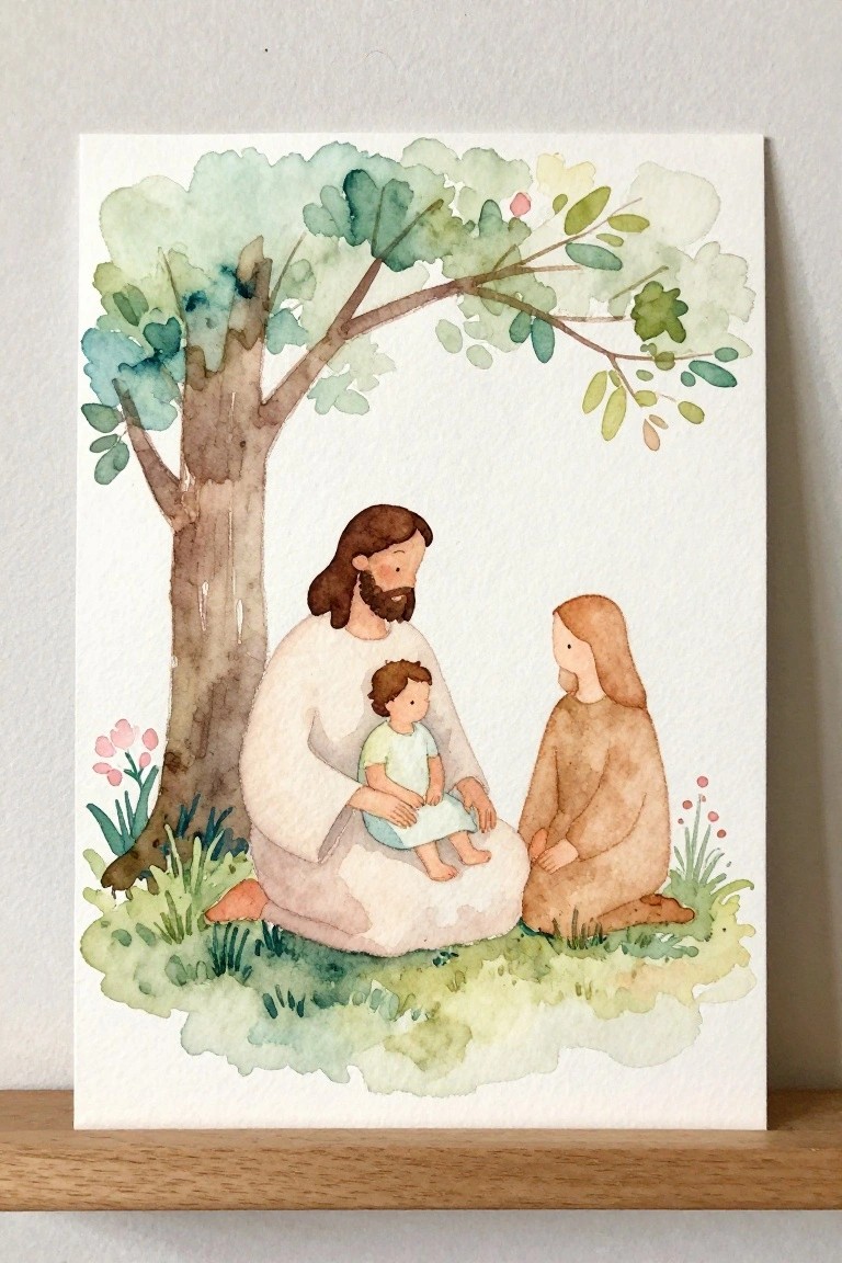 Watercolor of Jesus in white robe holding child under tree with kneeling woman in brown.