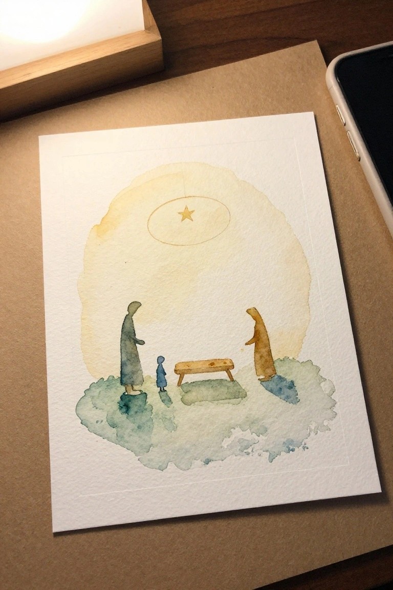 Watercolor of robed figures and child by bench under large yellow starry halo.