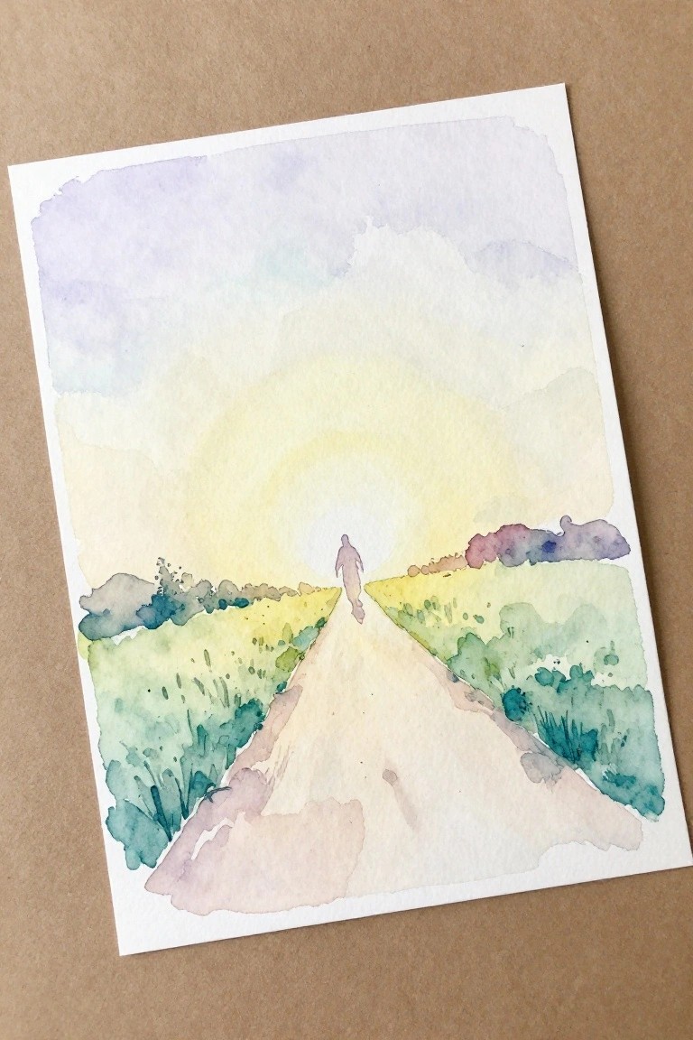 Watercolor painting of a dirt path through green fields with a lone figure walking toward a bright glowing sky.