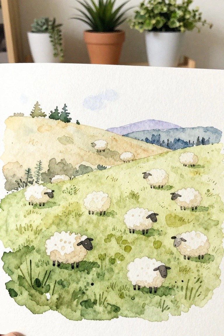 Watercolor painting of fluffy sheep grazing on rolling green hills with distant mountains and trees.