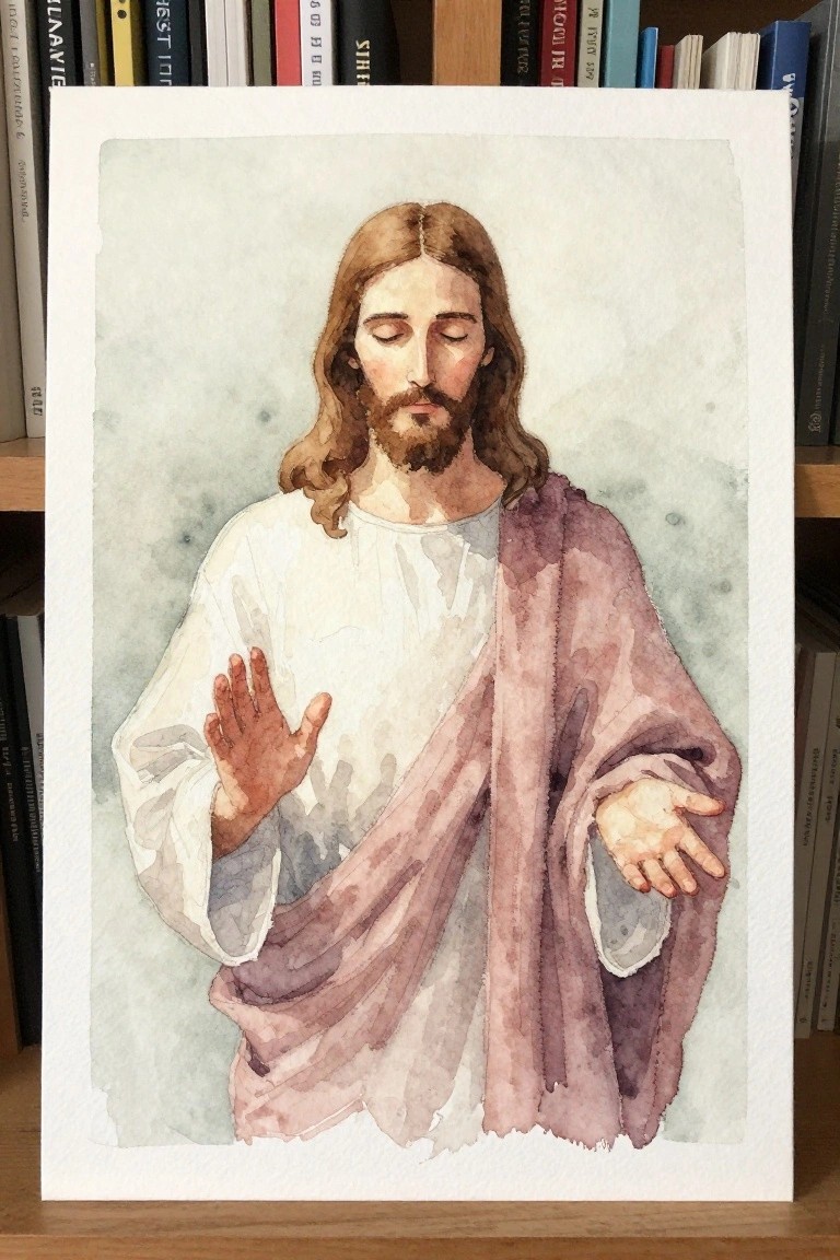 Watercolor of Jesus with long hair and beard in white tunic and purple robe, hands extended.