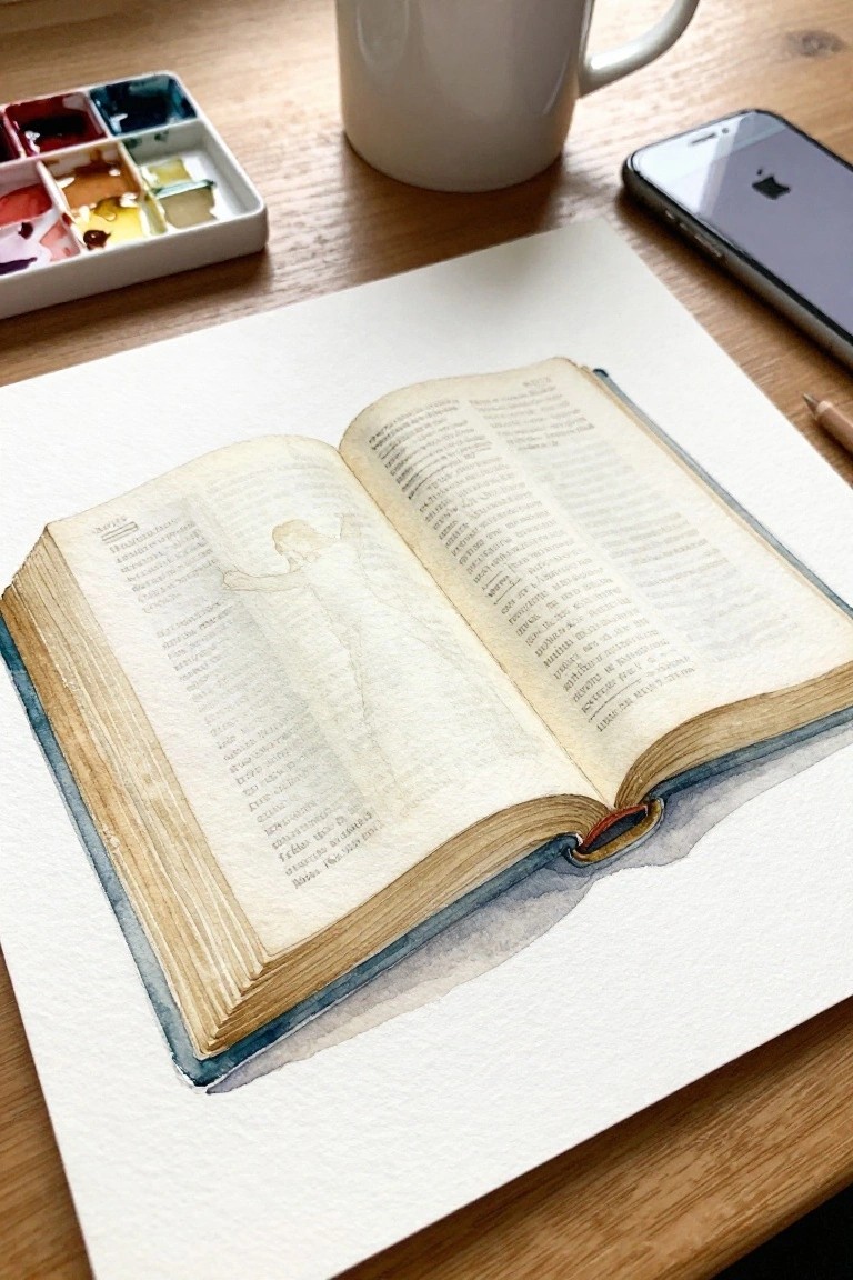 Watercolor of open book with text and figure beside palette, mug, and smartphone on desk