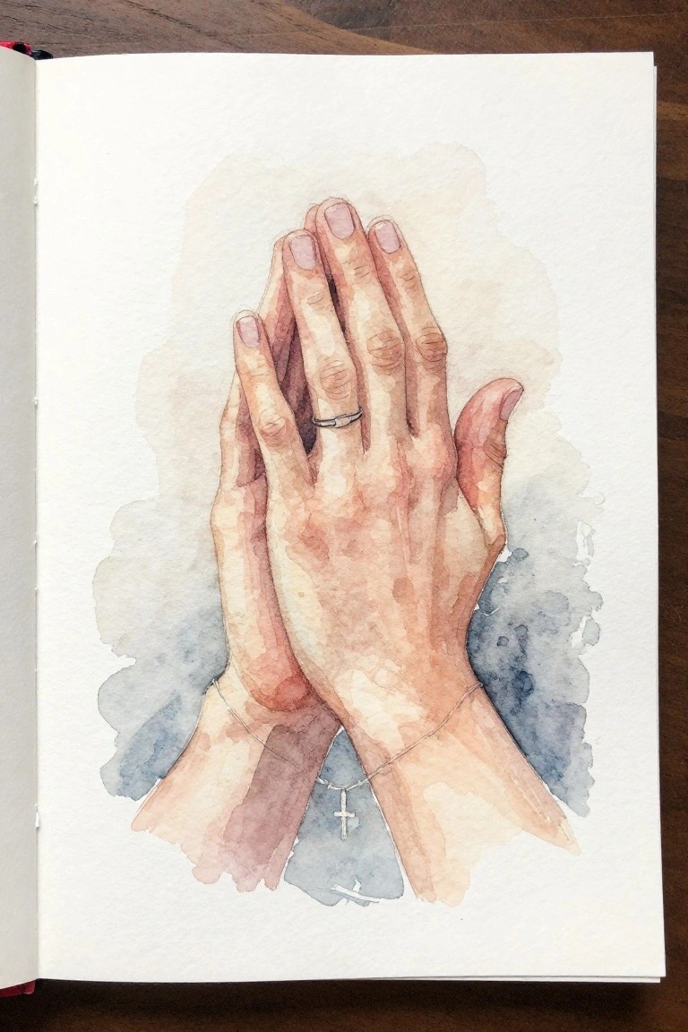 Watercolor painting of clasped hands with silver ring and cross necklace.