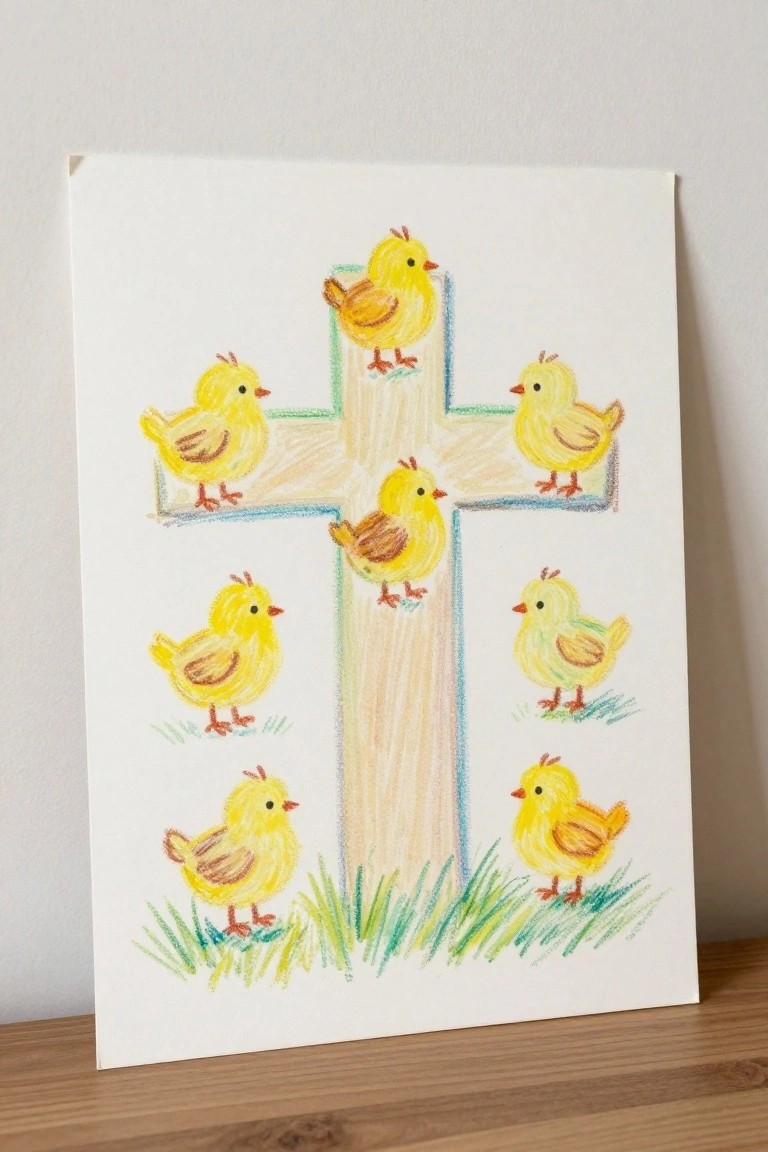 Yellow chicks around a blue-outlined cross with green grass below.