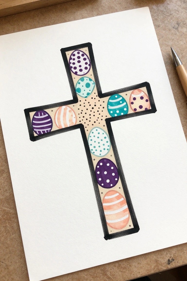 Watercolor Easter cross with colorful decorated eggs and black outline beside pen