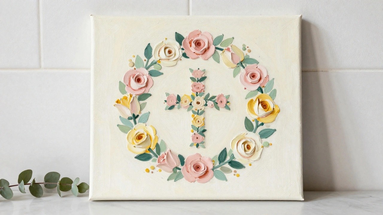 White canvas with floral cross of pink, yellow, and white roses and leaves