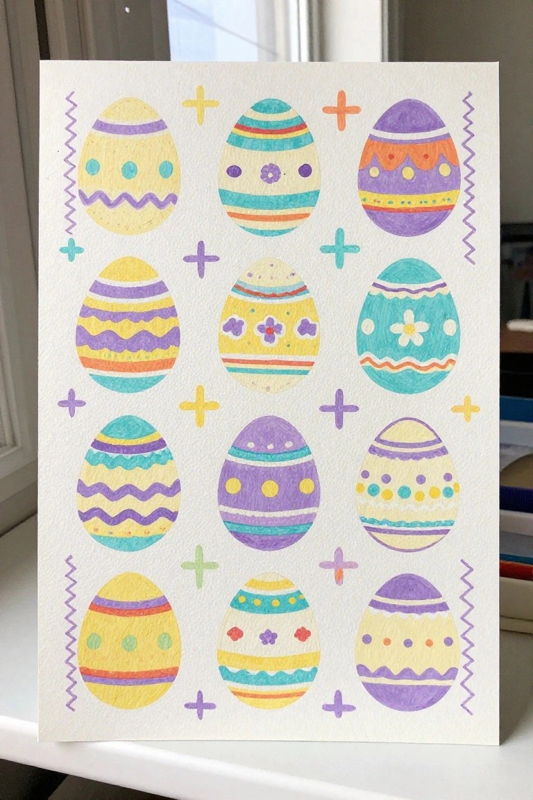 Colorful hand-drawn Easter eggs with patterns and symbols on white paper.