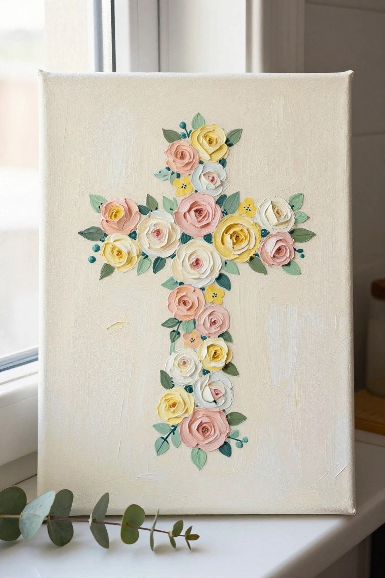 White canvas with floral cross of pink, yellow, and white roses and leaves