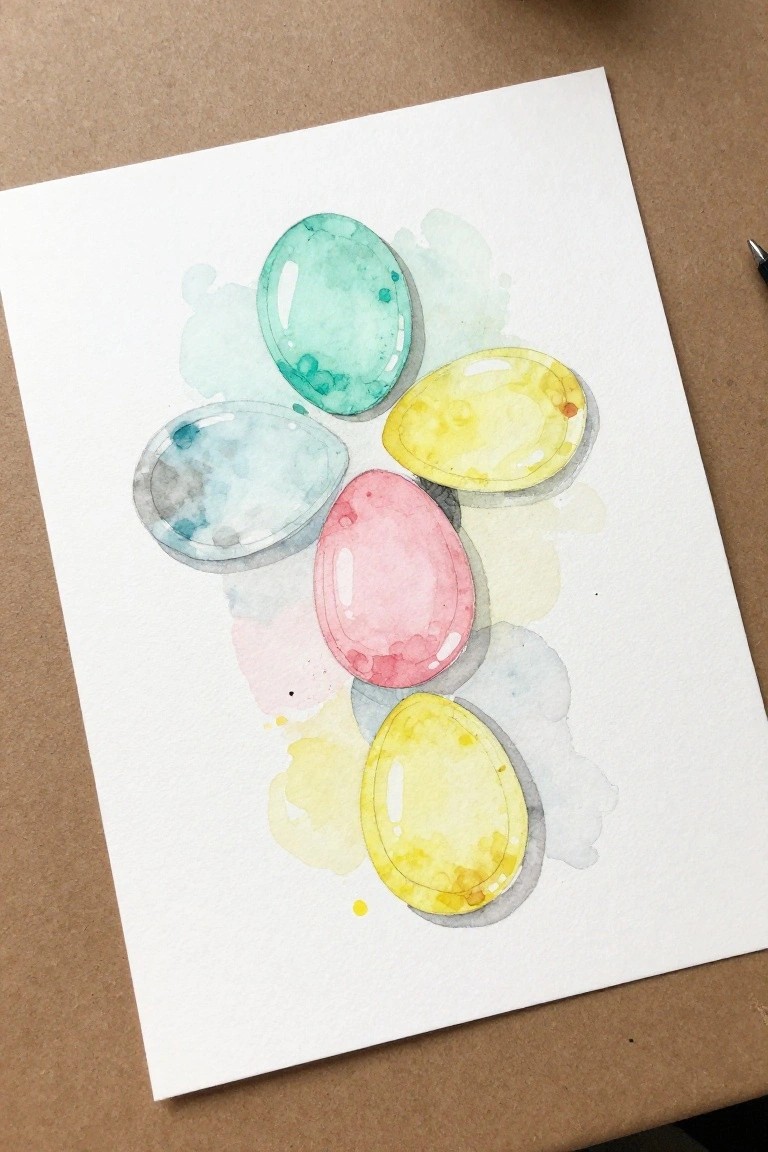 Watercolor painting of five pastel Easter eggs in turquoise, pink, and yellow.