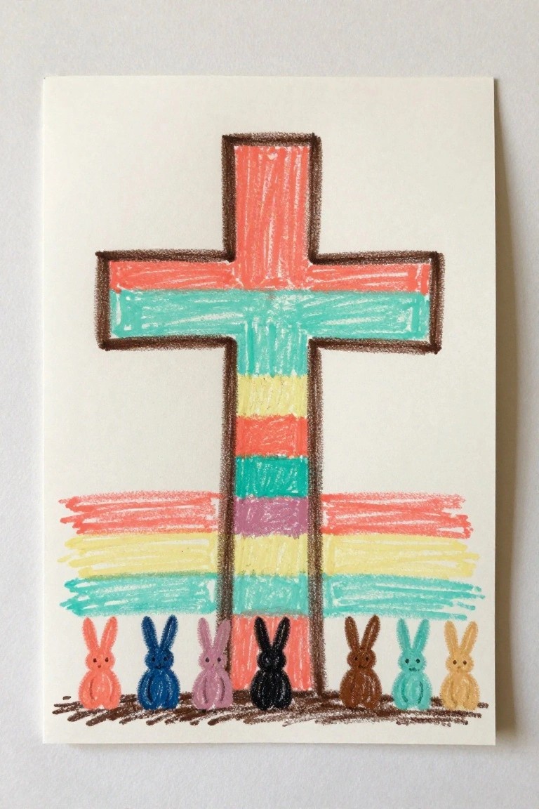 Rainbow cross with seven colorful bunnies standing below on brown ground