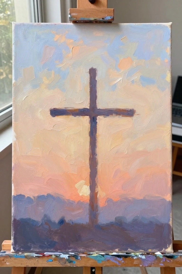 Oil painting on easel of dark cross against vibrant orange-blue sunset sky