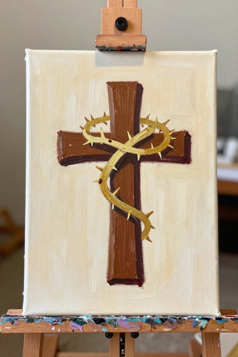 Brown cross wrapped in golden crown of thorns on canvas atop wooden easel