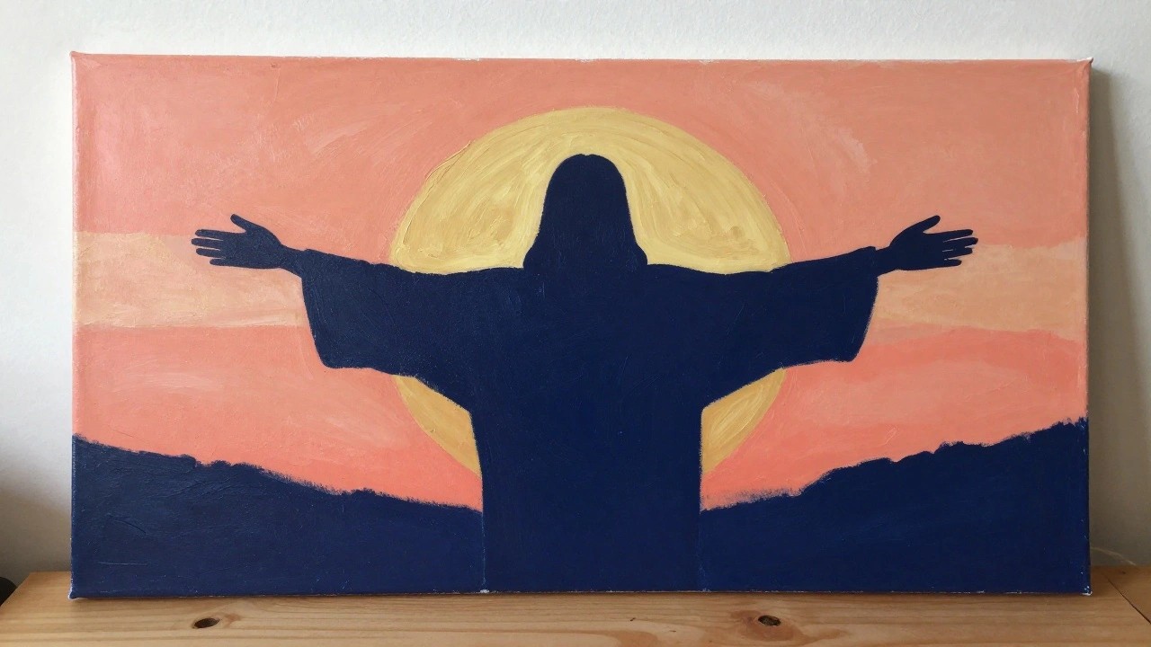Silhouetted robed figure with arms outstretched against vibrant orange-yellow sunset on canvas.