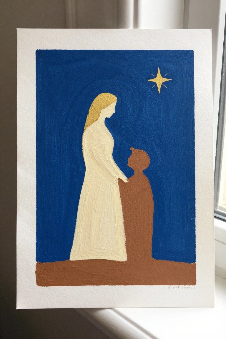Stylized painting of woman in white robe beside child under golden star in blue sky.