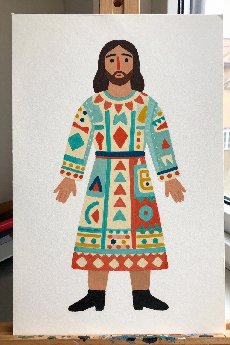 Bearded man with long hair in vibrant geometric-patterned robe and black shoes