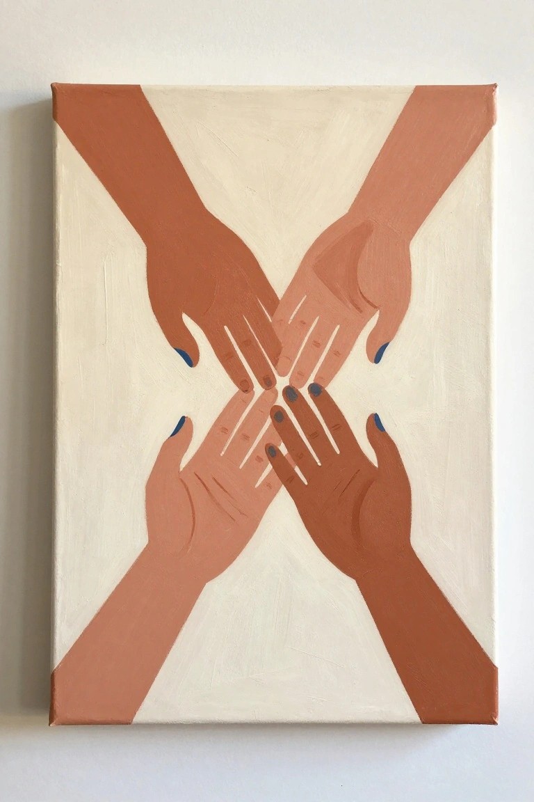 Four hands with blue nails overlapping in an X on cream background