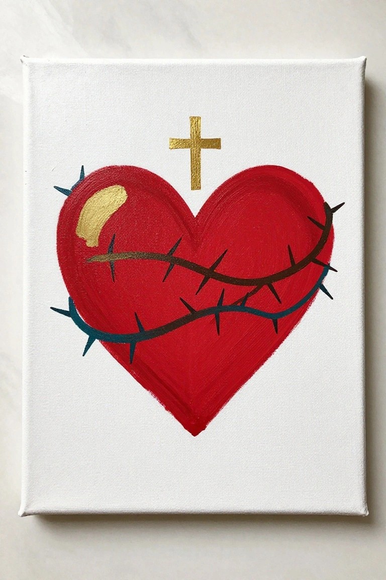 Red heart wrapped in barbed wire with gold cross and patch on canvas