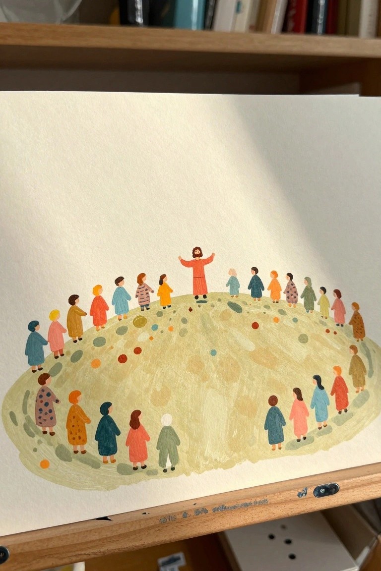 A painting of a central figure in a red robe standing on a hill with arms raised, surrounded by a semi-circle of small colorful figures on a textured green and yellow ground.