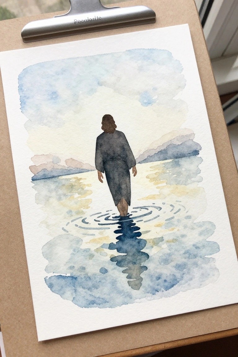 Watercolor of robed figure walking on water with ripples under cloudy skies.
