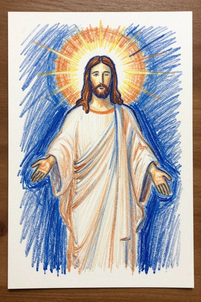 Jesus in flowing white robes, arms outstretched, with radiant yellow-orange halo on blue background