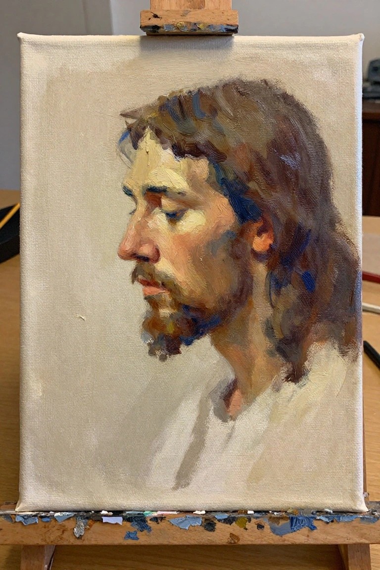 Oil painting on easel of long-haired bearded man in white robe, profile view