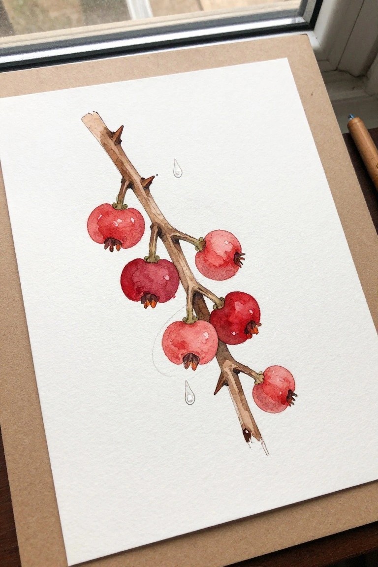 Watercolor painting of red berries on a bare brown branch with water droplets