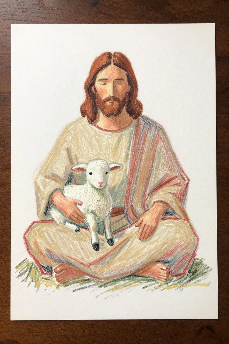 Bearded man in striped robe holding white lamb, seated cross-legged on grass
