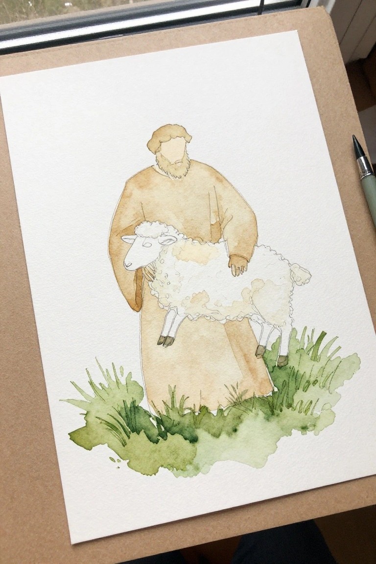 Watercolor of bearded man in brown robe carrying sheep on shoulders over green grass.