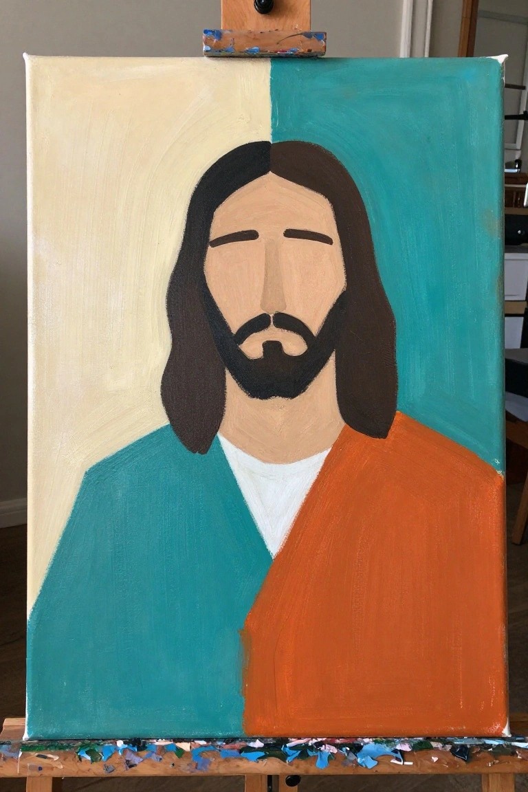 A canvas painting of Jesus with long dark hair and beard, closed eyes, teal and orange robes, on a split pale yellow and teal background.