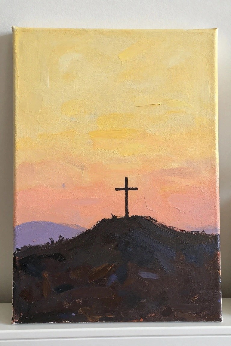 Thickly textured painting of a cross atop a dark hill against a yellow-pink sunset sky.