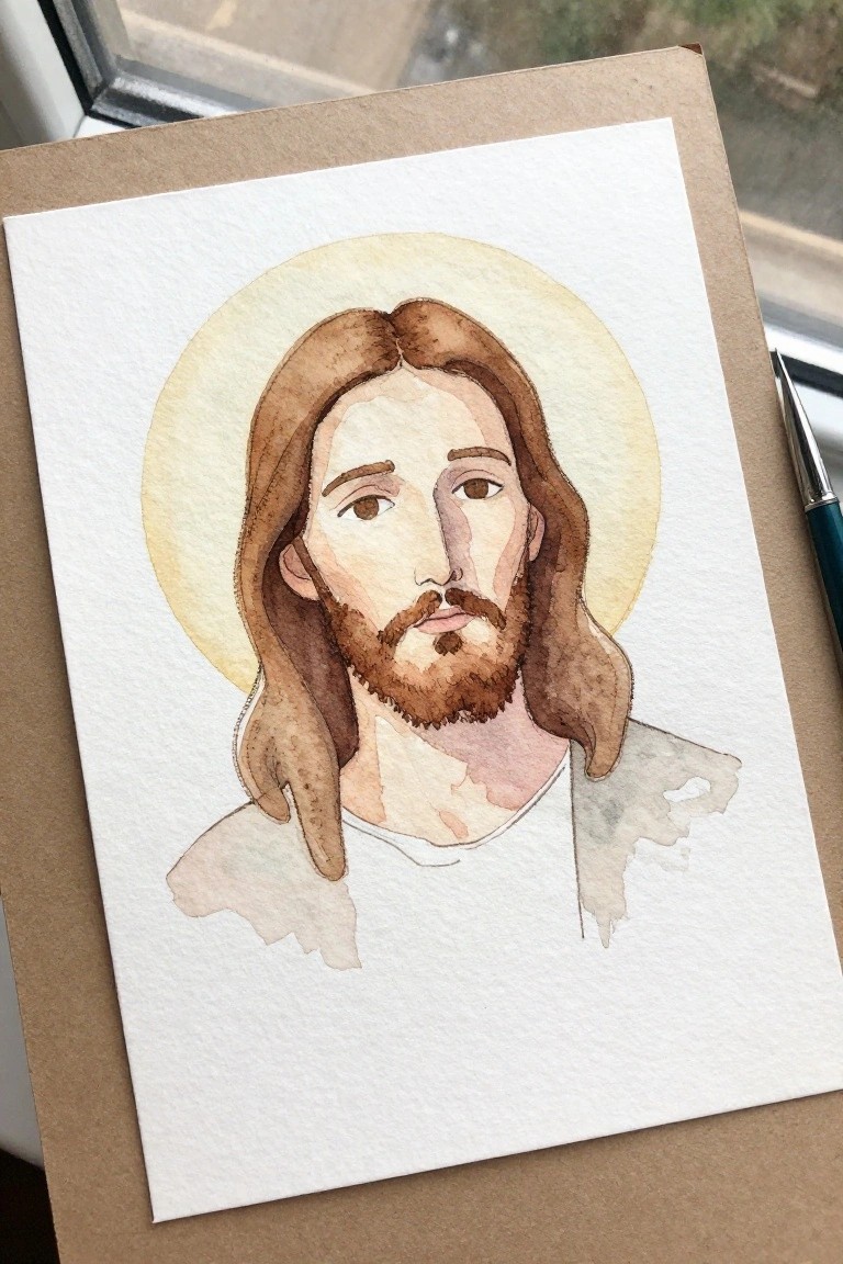 Watercolor Jesus with long brown hair, beard, halo, white robe, paintbrush nearby.