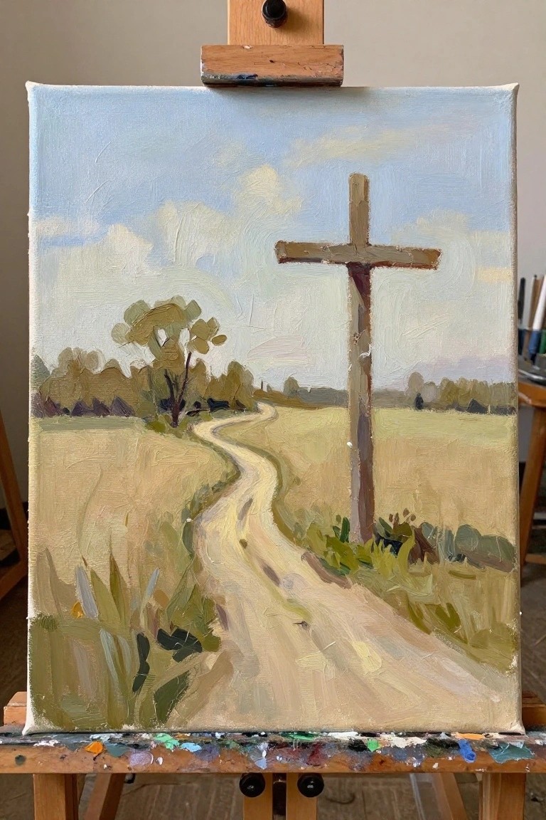 Oil painting on easel of wooden cross by winding path through fields under blue sky.