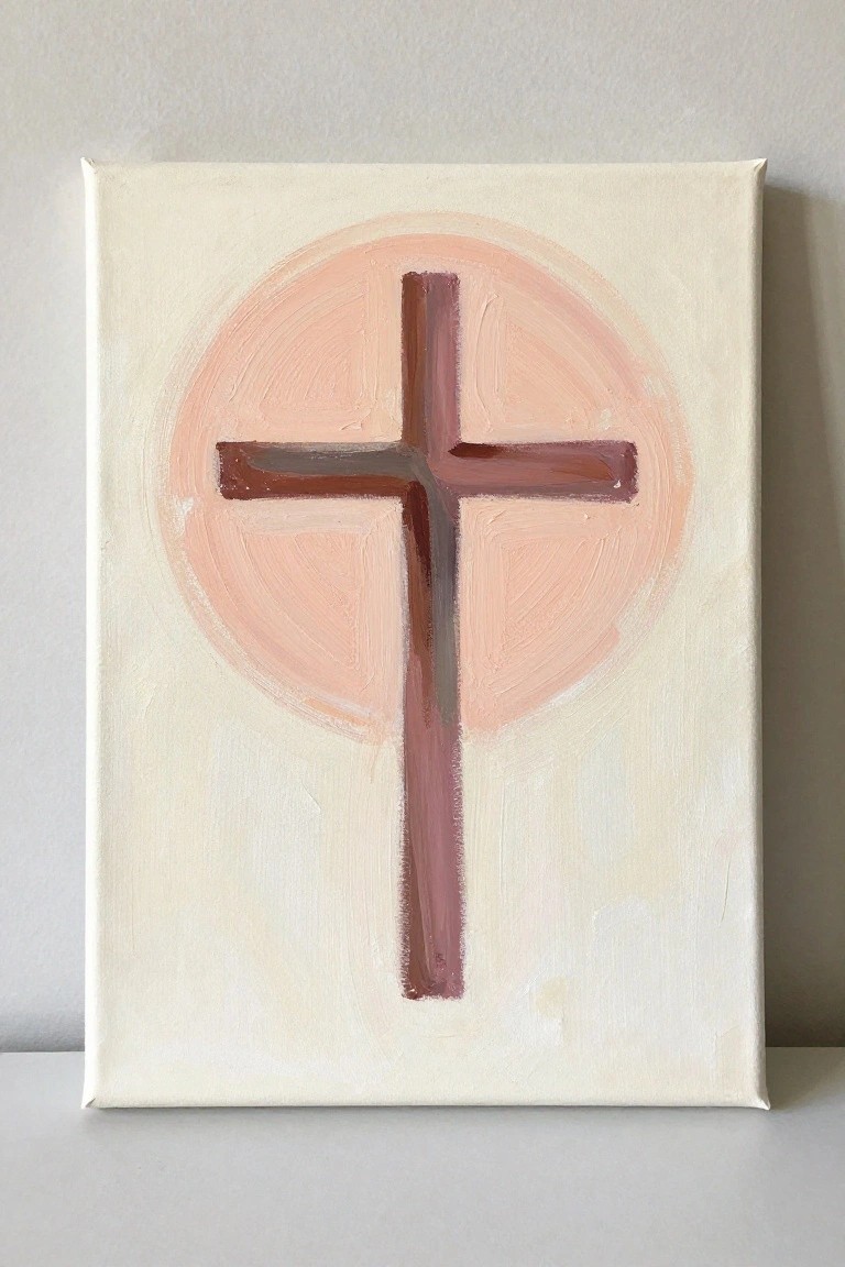 Abstract painting of a brown cross over a soft peach circle on white canvas.